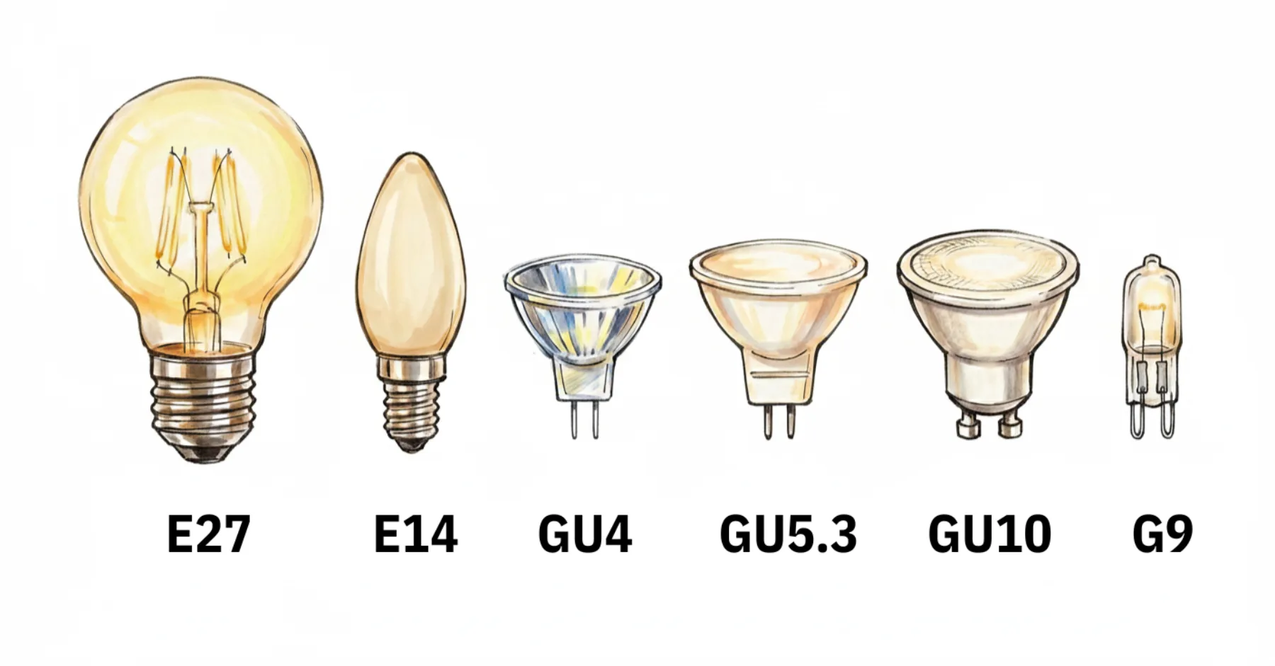 Minimalist sketch of the most commen lamp types found in the EU.