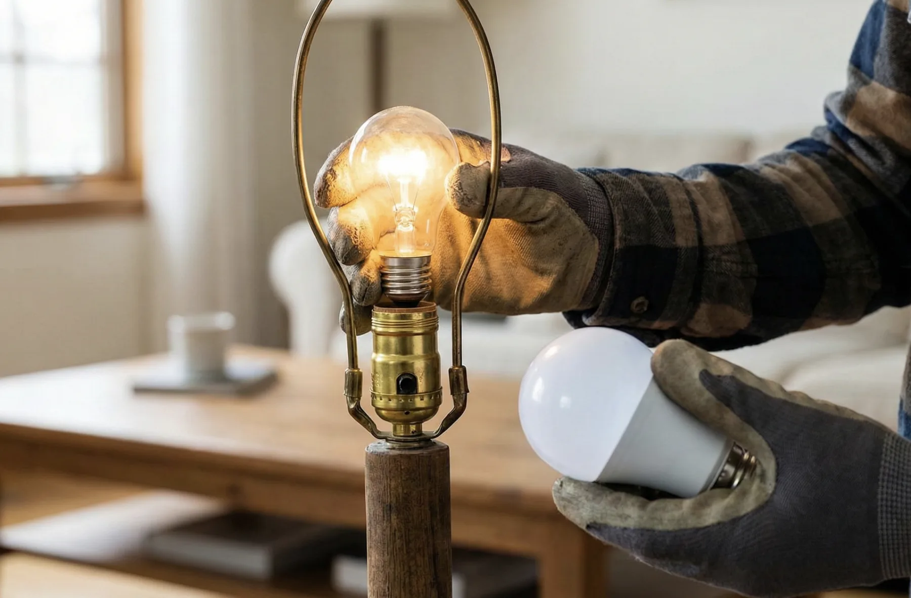 Changing an old lightbulb for a new LED wearing working gloves