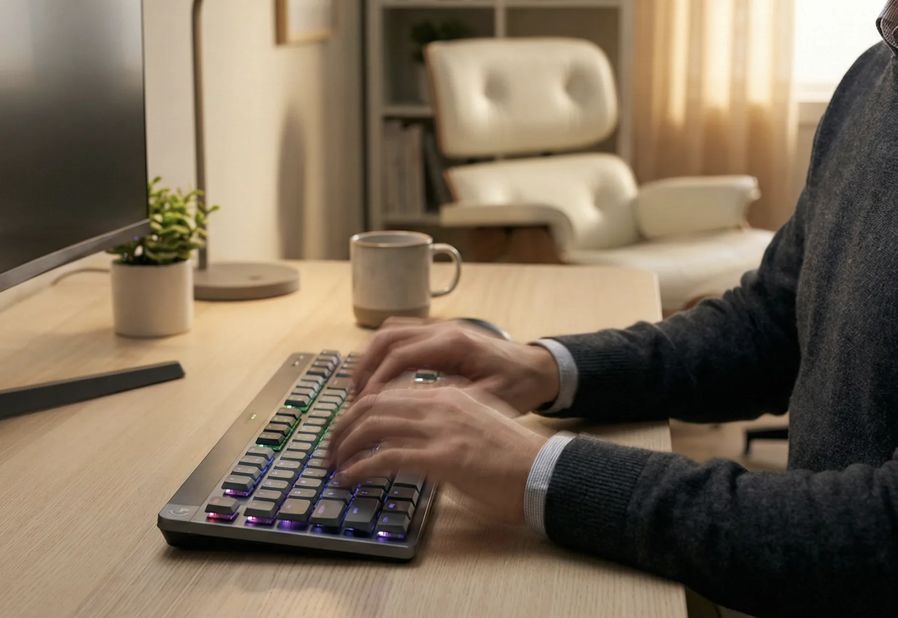 Close-up of a person wearing a professional grey sweater and collared shirt typing rapidly on a modern RGB mechanical keyboard. The fingers show a slight motion blur to indicate speed, set against a minimalist wooden desk with a monitor, desk lamp, and a classic lounge chair in a warm, blurred background.