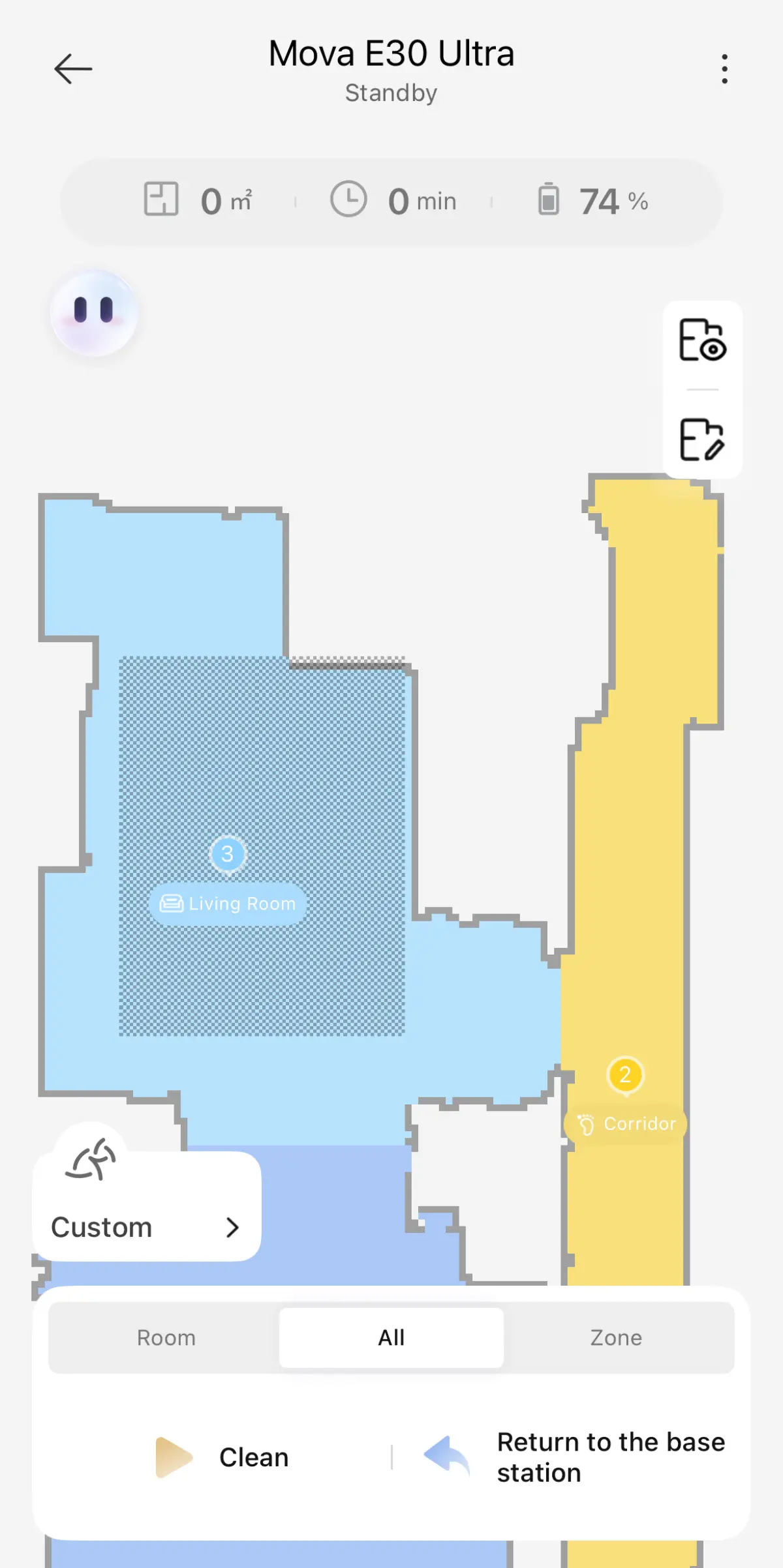 User Interface in the vacuum robot app showing the mapped floor layout.
