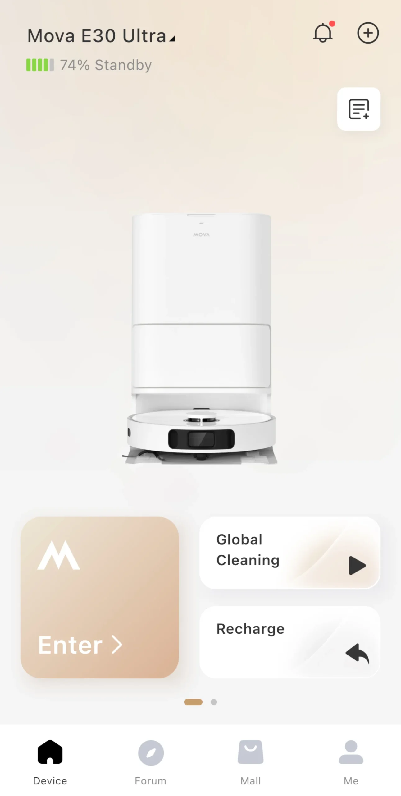User Interface in the vacuum robot app showing the startscreen with the vacuum cleaner.